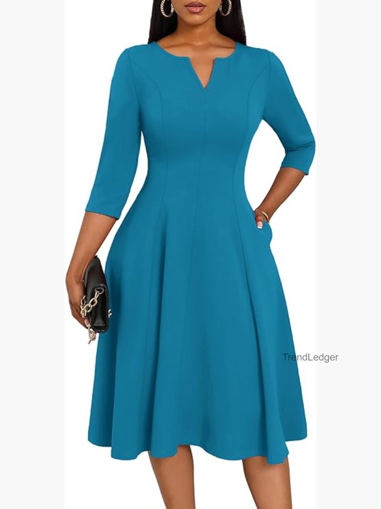 A-Line Fit And Flare Midi Dress With Pockets 3/4 Sleeve V-Neck